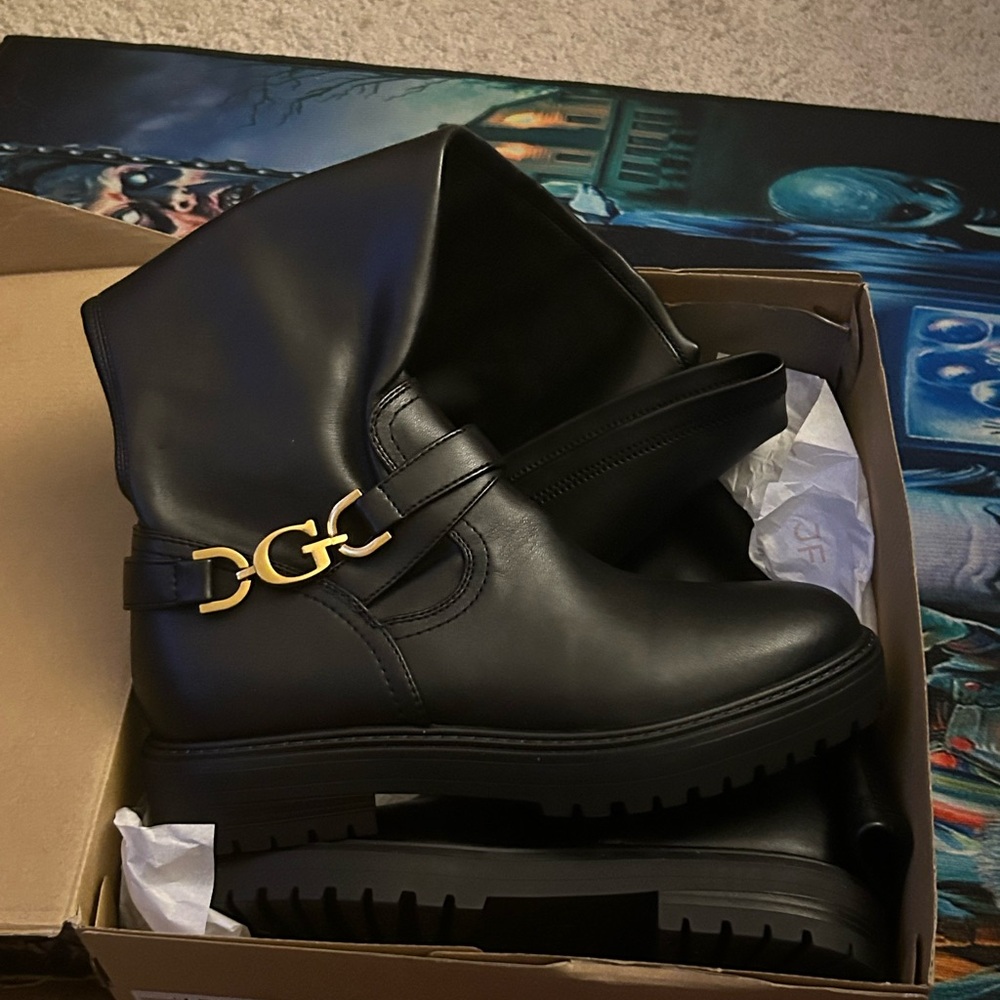 JustFab Black Heeled Boots with Gold Accent